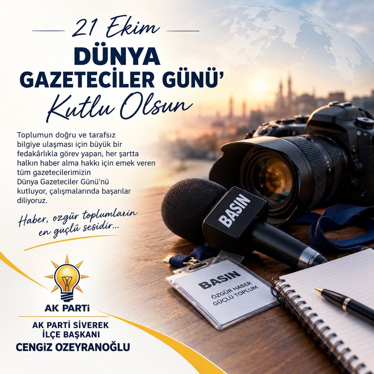 aksiverek's tweet photo. 📰 21 Ekim Dünya Gazeteciler Günü Kutlu Olsun!

Doğru, tarafsız ve güvenilir bilgiye ulaşmamız için büyük bir özveriyle görev yapan, halkımızın haber alma hakkı için emek veren tüm gazetecilerimizin Dünya Gazeteciler Günü’nü kutluyoruz.

Mesleğini fedakârlıkla icra eden, gerçeğin izini süren ve toplumun bilinçlenmesine katkı sunan tüm basın mensuplarımıza çalışmalarında başarılar diliyor, emekleri için teşekkür ediyoruz.

 @RTErdogan @Akparti @tugbaisikercan 
@abuyukgumus  @avyusufibis   @milhamigunbegi @SbrKnk @Cengizozeyran82 @bucakalimurat82  @Salih_Coban63 @RahimeTuysuz @ramazanacar199 @akpartiurfa @akkadinsiverek @AKGENCLKSIVEREK