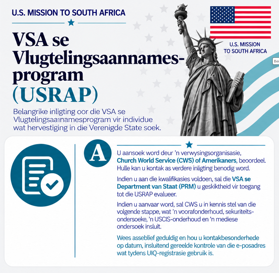 USEmbassySA's tweet photo. 🇺🇸 𝐖𝐡𝐚𝐭 𝐡𝐚𝐩𝐩𝐞𝐧𝐬 𝐚𝐟𝐭𝐞𝐫 𝐲𝐨𝐮 𝐬𝐮𝐛𝐦𝐢𝐭 𝐲𝐨𝐮𝐫 𝐔𝐒𝐑𝐀𝐏 𝐈𝐧𝐭𝐚𝐤𝐞 𝐐𝐮𝐞𝐬𝐭𝐢𝐨𝐧𝐧𝐚𝐢𝐫𝐞 (𝐔𝐈𝐐)?

Once submitted, your application will be reviewed by a referring organization, Church World Service (CWS) or Amerikaners. If you meet the qualifications, the U.S. Department of State will evaluate your eligibility for the U.S. Refugee Admissions Program (USRAP).
If accepted, you will be notified of the next steps, which include interviews, security vetting, and a medical examination.

📩 Important: Keep your contact information up to date and regularly check the email address used during registration.
🔗 Learn more: https://t.co/KmceQTjdkB

-------------------------------------------------------------------
𝐖𝐚𝐭 𝐠𝐞𝐛𝐞𝐮𝐫 𝐧𝐚𝐝𝐚𝐭 𝐞𝐤 𝐦𝐲 𝐔𝐒𝐑𝐀𝐏-𝐢𝐧𝐧𝐚𝐦𝐞𝐯𝐫𝐚𝐞𝐥𝐲𝐬 (𝐔𝐈𝐐) 𝐢𝐧𝐠𝐞𝐝𝐢𝐞𝐧 𝐡𝐞𝐭?

Nadat u u UIQ ingedien het, sal u aansoek hersien word om te bepaal of u vir verwysing na die Amerikaanse Vlugtelingtoelatingsprogram (USRAP) in aanmerking kom.

📌 Wat moet u weet?
🔹 U mag gekontak word indien bykomende inligting benodig word.
🔹 Nie alle aansoekers sal na die USRAP verwys of tot die program toegelaat word nie.
🔹 Die hersieningsproses kan tyd neem. Ons moedig u aan om geduldig te wees.
🔹 Indien u tot die program toegelaat word, sal RSC Africa/CWS u oor die volgende stappe inlig, insluitend onderhoude, veiligheidskeuring en mediese ondersoeke.

📧 Belangrik: Gaan gereeld die e-posadres na wat u op u UIQ geregistreer het en maak seker dat u kontakbesonderhede op datum bly.

🔗 Vir meer inligting, besoek: https://t.co/KmceQTjdkB

#USRAP
