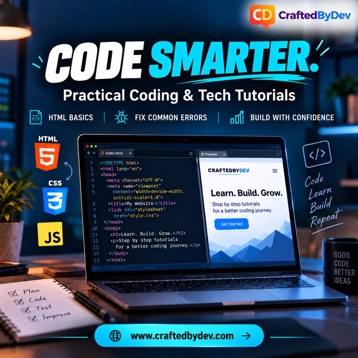 crafted_bydev's tweet photo. Code smarter, not harder.  Practical HTML basics, quick fixes for common errors, and step-by-step lessons to build with confidence. Plan. Code. Test. Improve. Repeat.

#CodeSmarter #CraftedByDev #WebDev #HTML5 #CSS3 #JavaScript #LearnToCode https://t.co/YkCSZlXyw1