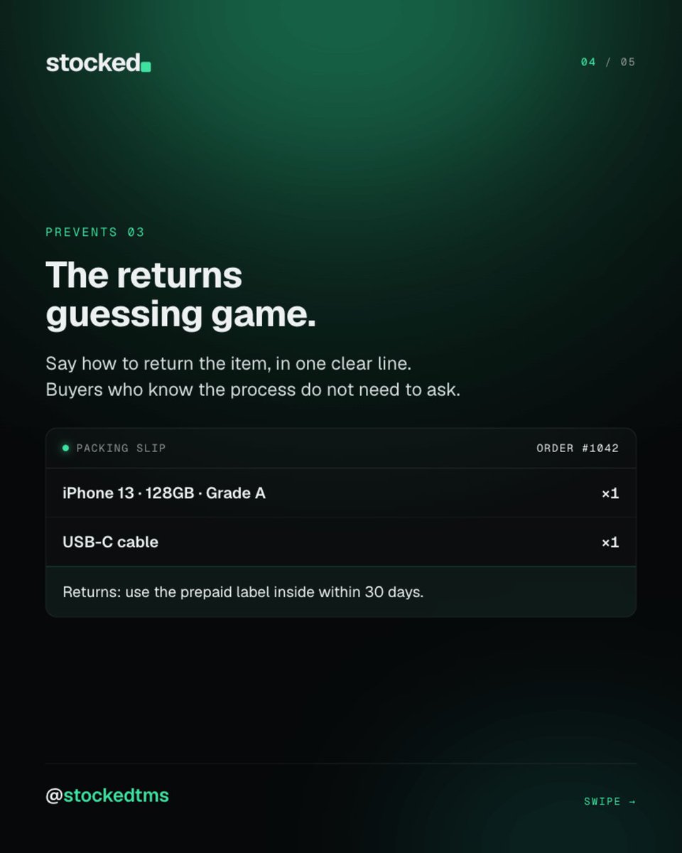 stockedtms's tweet photo. A better packing slip saves you a support email.

1. The wrong item.
2. The "where is my order" email.
3. The returns guessing game.

Item, order number and a return line. That is the slip.

#ebayseller #dispatch https://t.co/sJezdM6ox7