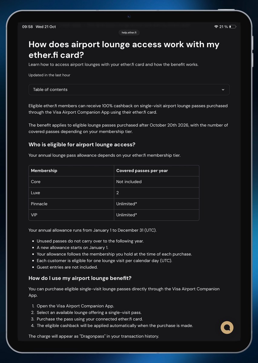 0xDani's tweet photo. EtherFi Cash launches free airport lounge access

EtherFi has finally launched one of its promised Membership benefits, offering free airport lounge access through Visa Airport Companion

Starting October 20, 2026, the following benefits are available:
- Core: no free visits
- Luxe: 2 visits per year
- Pinnacle: unlimited visits
- VIP: unlimited visits

How does it work?
- users buy an airport lounge pass through the Visa Airport Companion app and pay with their EtherFi Cash card
- EtherFi then refunds 100% of the pass cost as cashback, up to $49 per visit

A few important details:
- Cashback becomes available to claim 7 days after the payment is confirmed
- Maximum 1 free visit per day
- Guest visits are not covered
- Limits reset on January 1 each year

No additional activation is required. Simply link your EtherFi Cash card to Visa Airport Companion and pay for an eligible lounge pass