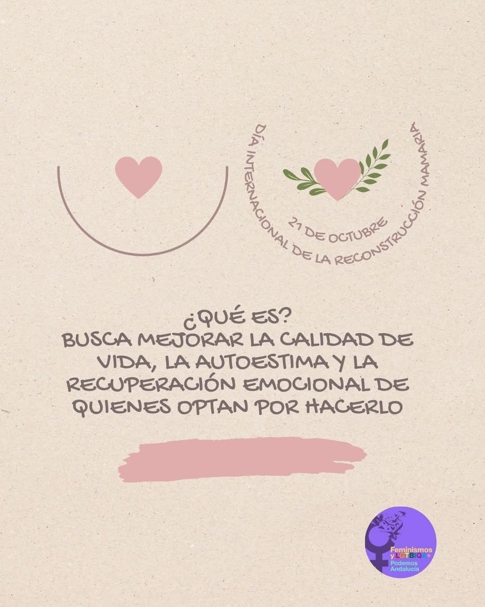 FeminisPodAnd's tweet photo. #21Octubre Día Internacional de la Reconstrucción Mamaria
♀️Proceso de recuperación de las mujeres que han sufrido una #Mastectomía
💚Los #ServiciosPúblicos son esenciales para la recuperación de la autoestima y recuperación emocional
#ReconstruciónMamaria 
#RecuperaciónEmociomal https://t.co/OHpZVoXiCN