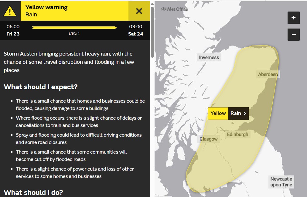 BBCScotWeather's tweet photo. A Met Office yellow warning of RAIN has been issued for Scotland on Friday, with #StormAusten set to bring disruption ⚠️
https://t.co/GFId2z2NKC https://t.co/eKNbOdaNx1