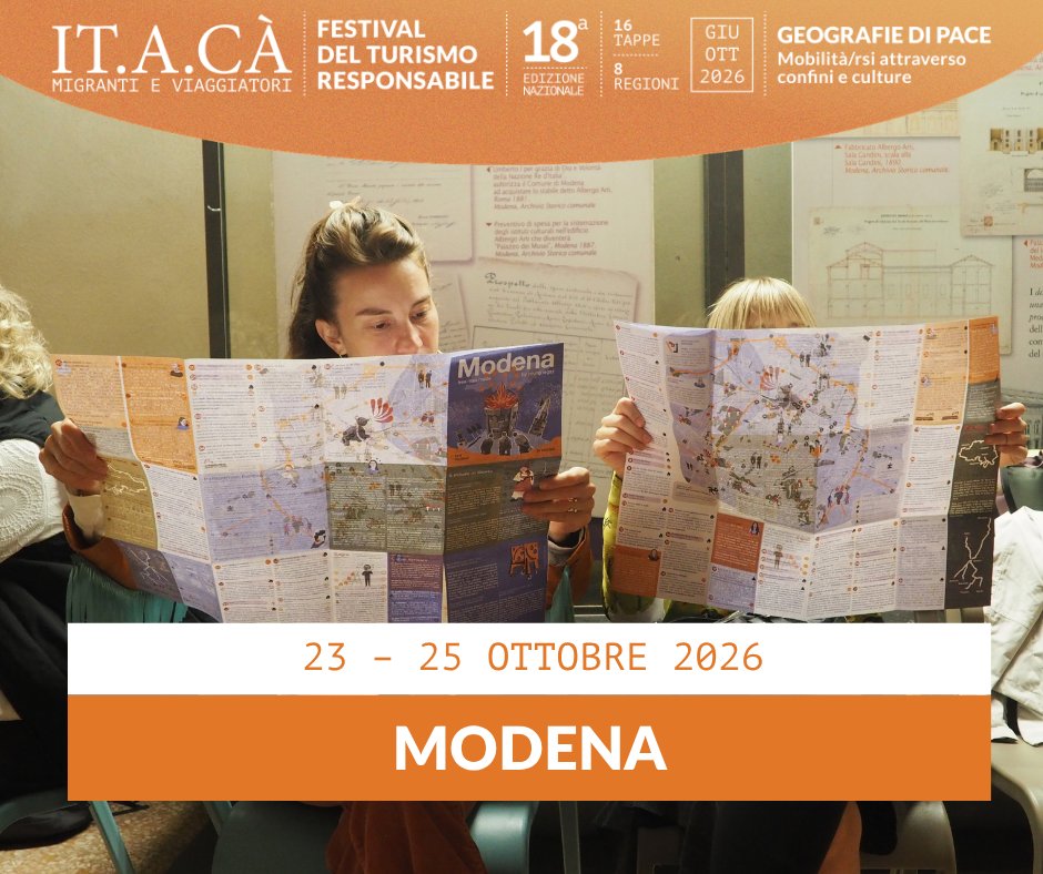 festivalitaca's tweet photo. 🟠 Ultima tappa che chiude questa nostra 18 edizione sul tema delle geografie di #pace: IT.A.CÀ #Modena vi aspettiamo e partecipate ai tanti eventi in #programma per voi > https://t.co/a1OSmYhACJ @MarcheVeM @altreconomia @AitrItalia @FondCariplo @radiopopmilano @BancaEticaYoung https://t.co/ydGwp8LPQg