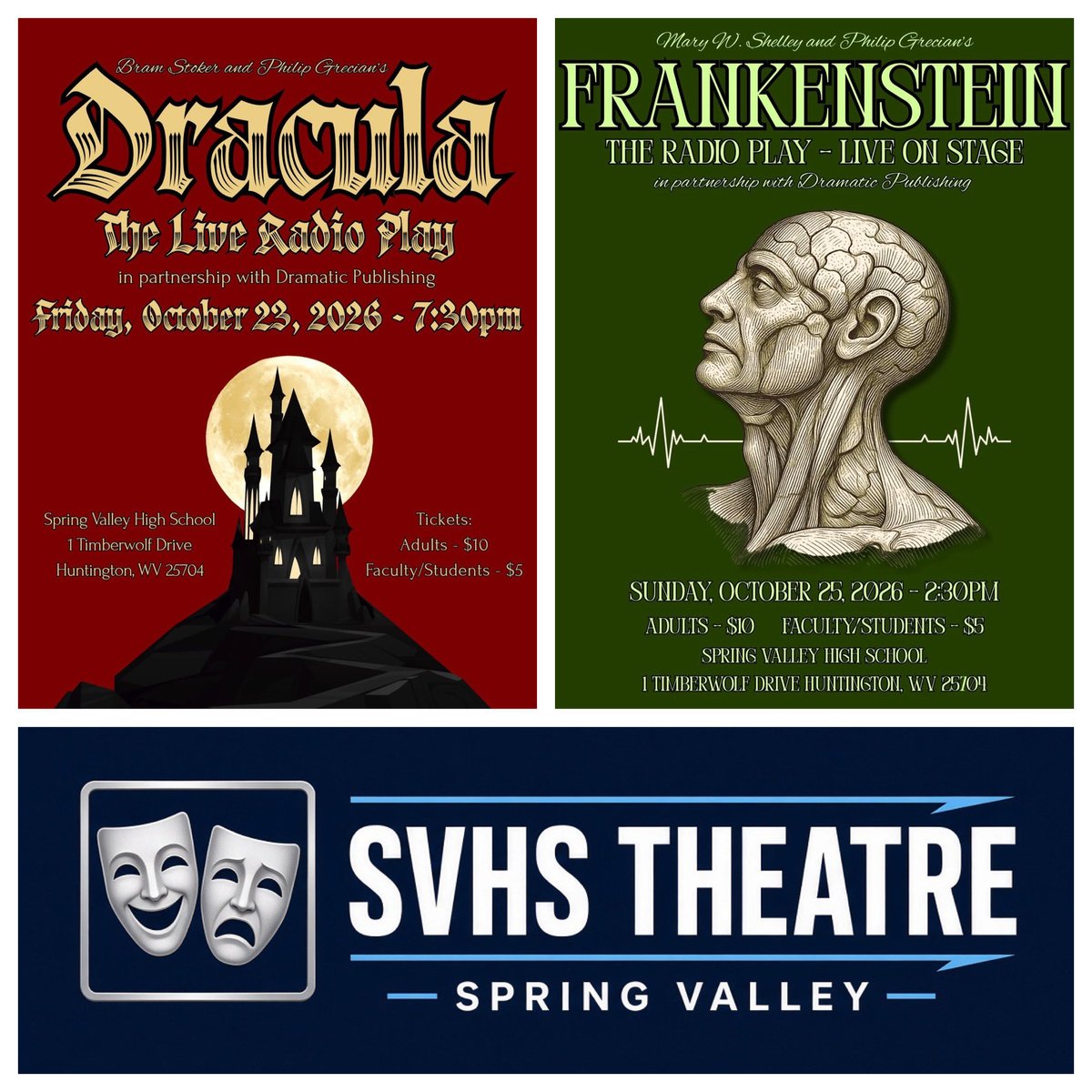 AthleticSpring's tweet photo. It’s opening weekend for our first shows of the season! 🎭 Join us for Philip Grecian’s adaptations of Bram Stoker’s #Dracula and Mary Shelley’s #Frankenstein — each performed just once.
🧛 Dracula
📍Friday at 7:30 pm
🧟 Frankenstein
📍Sunday at 2:30 pm
Seniors Alicia Estep (Renfield/Announcer), Abigayle Clark (Lucy/Catherine/Birgitta), and Dixie Nichols (Announcer/Justine) are double-cast in these radio plays, presented in partnership with Dramatic Publishing.
Tickets: Adults $10 | Students & Faculty $5
With only one performance of each, don’t miss the chance to catch both! We can’t wait to see you there! 🎭💙🐺 #TimberwolfPride #theatre #talent
