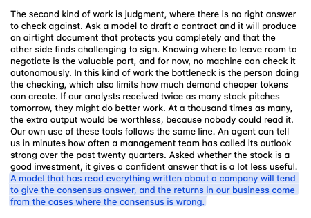 LowAlphaHighVol's tweet photo. Very well written fund letter why AI is not fully displacing humans any time soon.
Have heard this from fundamental investors as well as quants. Especially about the velocity of idea (or signal) generation vs finite time for human review. https://t.co/4RJywb1EAt