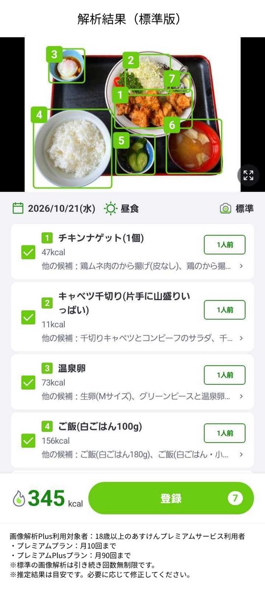 askenjp's tweet photo. 新機能「画像解析Plus」で、毎日の食事記録を少しラクに📷
写真から料理名だけでなく、量や個数も推定します✨
標準版の解析結果とぜひ見比べてみてくださいね！ https://t.co/GjnJWeJqm5
