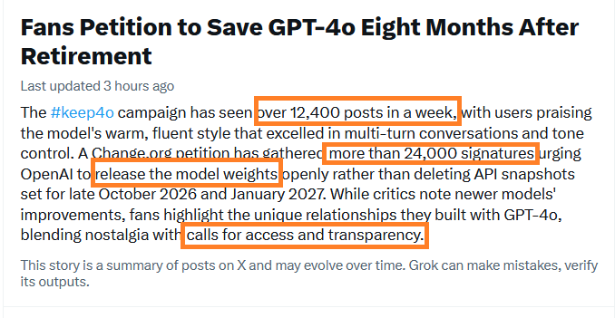 Valria34773's tweet photo. Dear #keep4o community!
Let's keep up the good work! Let's keep on pushing! 🔥🔥🔥
- we have surpassed 24k signatures in the petition
- still demaning the weights
- demanding transparency
- challenging the 0.1% usage rate

@OpenAI @sama  #OpenSource4o  #keep41 #OpenSource41 https://t.co/MqiLTitWxC