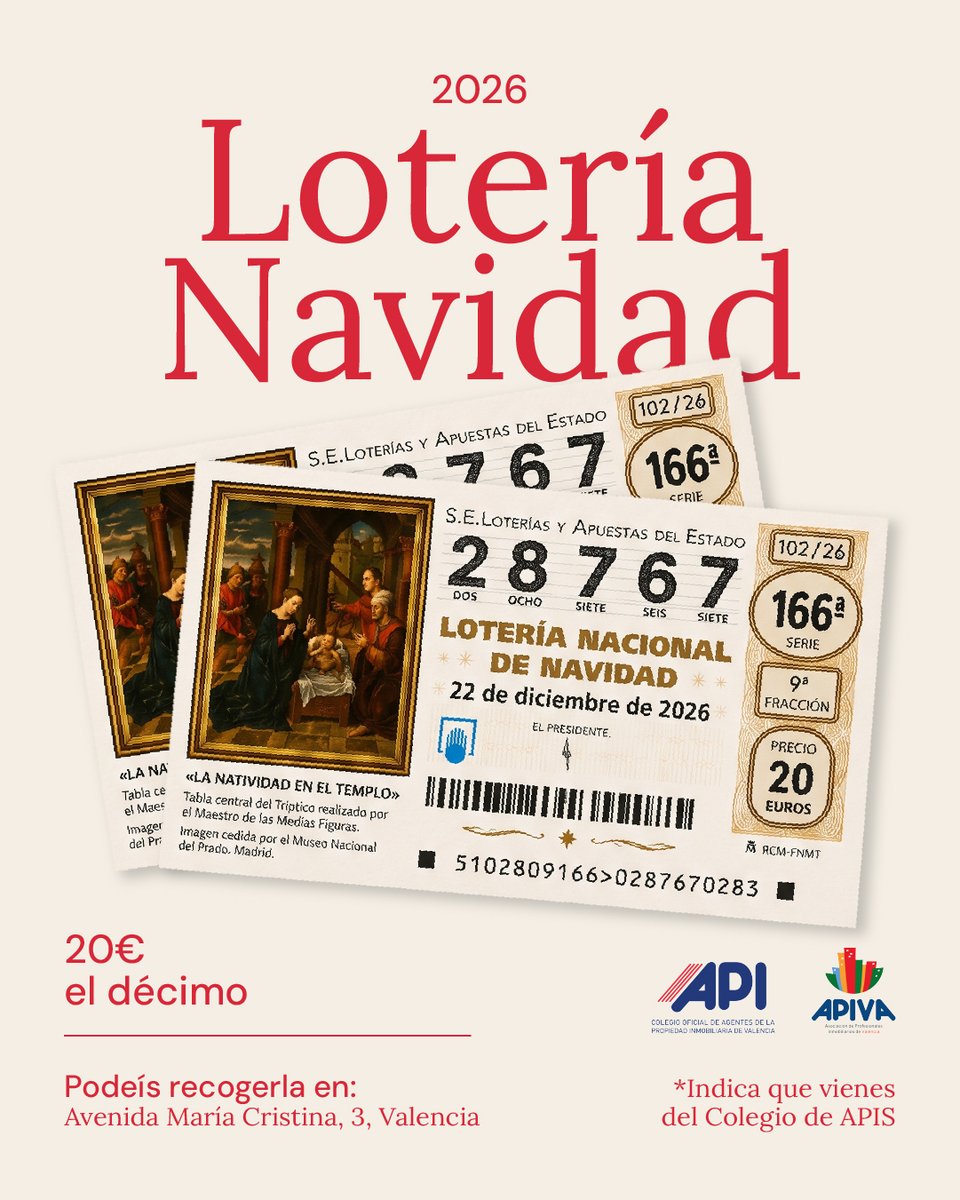 COAPI_Valencia's tweet photo. ¡Ya tenemos número para la Lotería de Navidad 2026!

📍 ¿Dónde recogerlo? En la administración de lotería de Avenida María Cristina, 3, en Valencia.
👉 Cuando vayas, recuerda indicar que vienes del Colegio de APIS para conseguir nuestro número.

¡No te quedes sin él! 🎁 https://t.co/FPpUyHwRk3