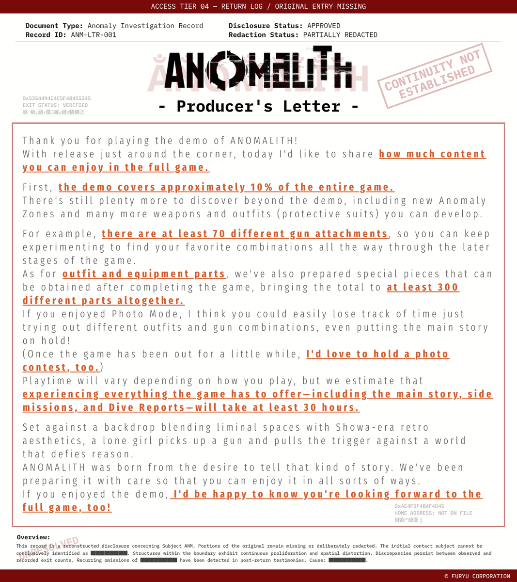 AnomalyZCO's tweet photo. ◤ プロデューサーレター ◢

『アノマリス／ANOMALITH』
本作のゲームボリュームについてお伝えします。ぜひお読み下さい。

An overview of ANOMALITH's content and scope. Please take a look. https://t.co/Fp0qtKHdWx