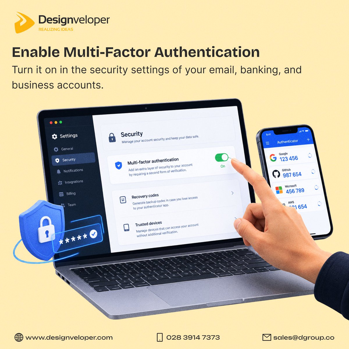Designveloper's tweet photo. 5 habits to help protect your business:

1. Enable MFA.
2. Verify payment changes by calling a trusted number.
3. Keep offline backups and test recovery.
4. Keep software updated.
5. Train staff to report phishing.

Which step are you missing?
#Cybersecurity #Java https://t.co/6yHrm1R4FK