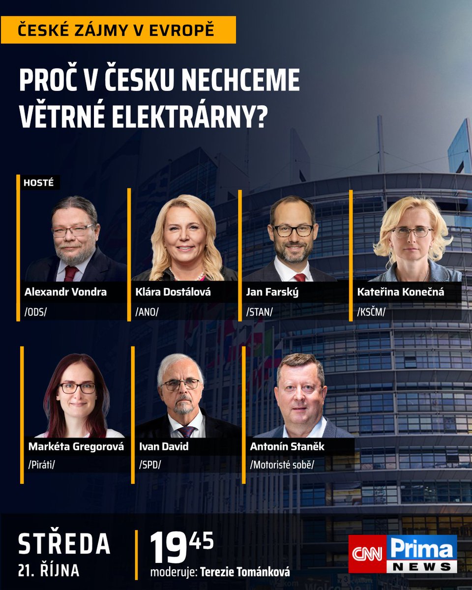 CNNPrima's tweet photo. „Větrné elektrárny u domů nechceme,“ řekli v referendech během voleb obyvatelé ve 20 z 21 českých obcí. Co si z názoru voličů berou čeští europoslanci? A rozhodnutí Donalda Trumpa odebírat těsně před americkými volbami naftu z Ruska. To jsou témata pro Alexandra Vondru, Kláru Dostálovou, Jana Farského, Kateřinu Konečnou, Markétu Gregorovou, Ivana Davida a Antonína Staňka. Sledujte speciál České zájmy v Evropě ze Štrasburku, ve středu 21. října v 19:45 na CNN Prima NEWS.