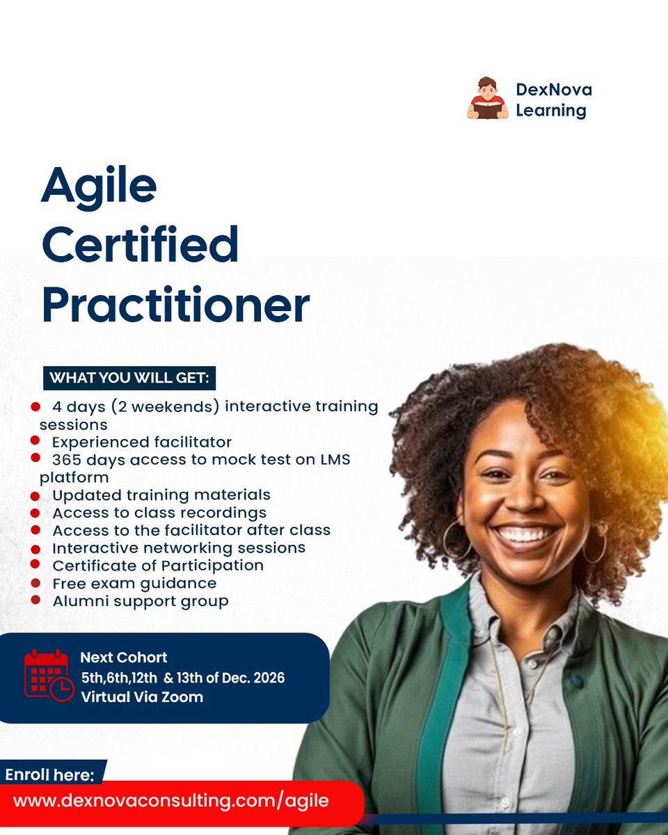 Dexlearning's tweet photo. You can still level up your Agile career before the year ends.

Choose your training:

Professional Scrum Master (PSM)
Agile Certified Practitioner (PMI-ACP®)

Dec 5, 6, 12 &amp; 13, 2026
DM us or WhatsApp +2347062220898 to register.

#Agile #PSM #PMIACP https://t.co/cOVFK6vI43
