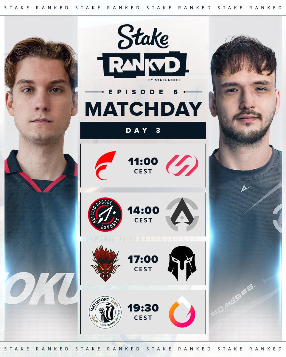 StarLadder_CS's tweet photo. 🔴 Day 3 of Stake Ranked Closed Qualifier Episode 6 starts today!

One day closer to finding out who makes it through. Catch it LIVE:
🔗 https://t.co/6L1ozx5qog

#StakeRanked https://t.co/woPHdTkzpb