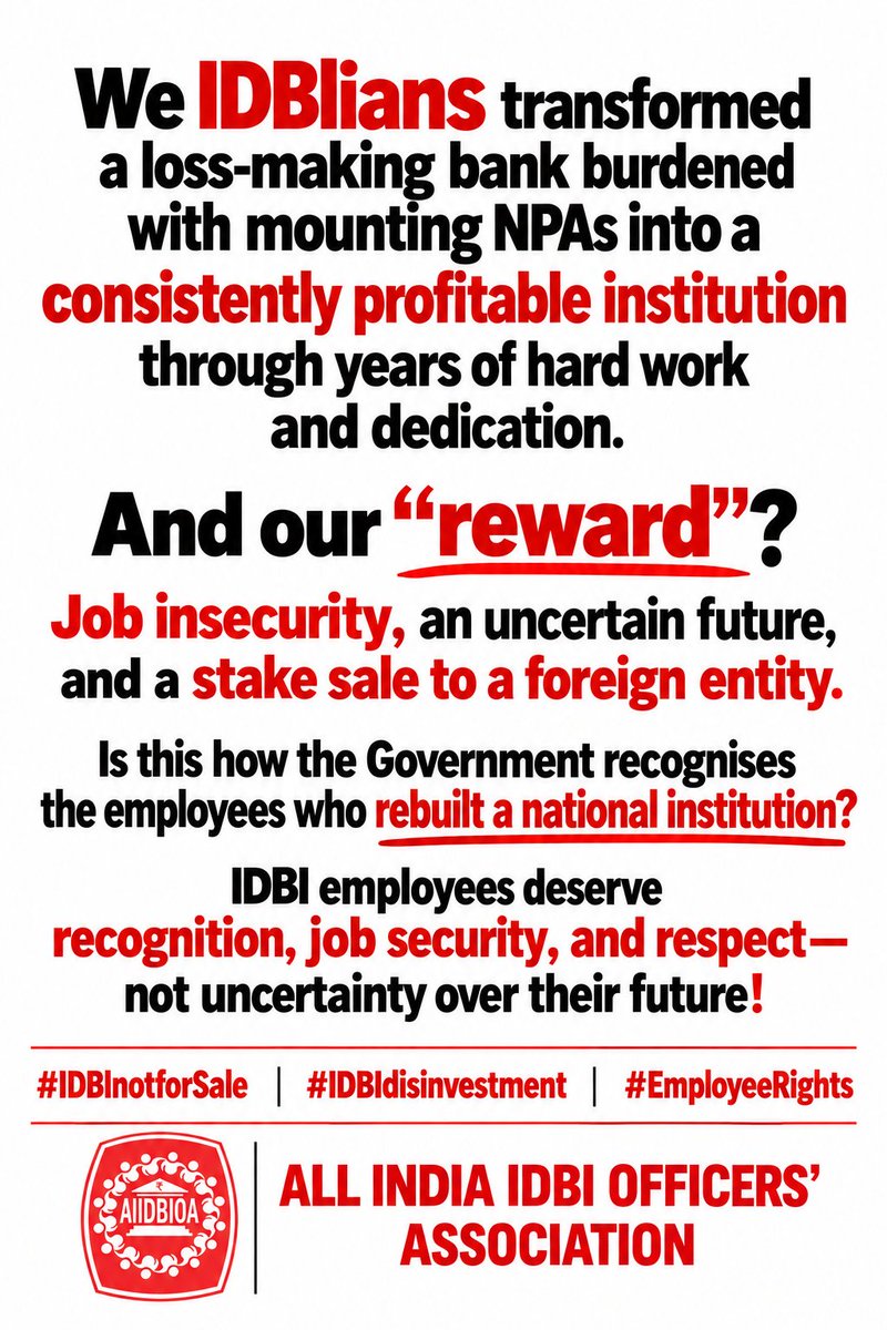 saveidbibank64's tweet photo. Post No.260#GOBACKFAIRFAX
WE, THE EMPLOYEES OF IDBI BANK, OPPOSE PRIVATISATION!
IDBI Bank is not just a financial institution,it is our livelihood, our professional identity, and a legacy built through decades of dedicated service @nsitharaman @nsitharamanoffc https://t.co/Lsg3p7nCR1