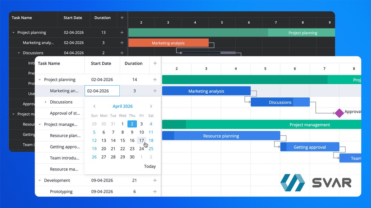 SvarWidgets's tweet photo. Build interactive #Gantt charts and #ProjectManagement apps with SVAR #React Gantt:

• tasks &amp; dependencies
• drag-and-drop UI
• task edit form
• in-cell editing
• flexible time scales
• live updates
• MCP server

Free and #opensource under MIT👇
https://t.co/ZeuQewXxUv https://t.co/RZf4kTy64a