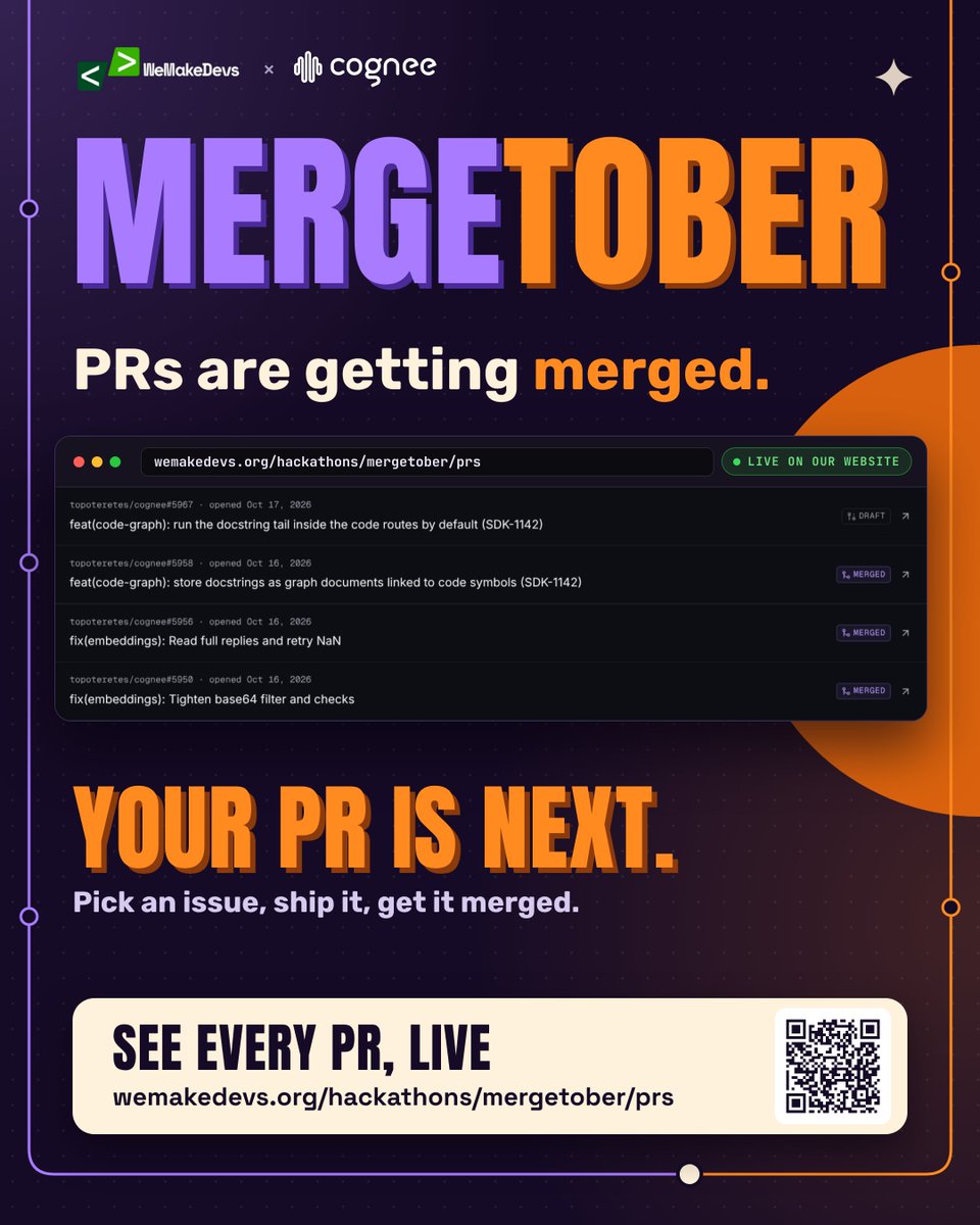 WeMakeDevs's tweet photo. Mergetober has $5,000 in prizes, and we want to see more of your PRs getting merged! 🏆

The challenge with @cognee_ is simple: pick an issue, contribute to its open source project, and get your PR merged. You can work on integrations for Cognee’s AI memory layer while building something that developers can actually use.

🏆 $2,000 for the top contributor
🎁 $100 each for 20 randomly selected contributors with a merged PR

Find an issue, write some code, and get your contribution merged.

🔗 Start contributing: https://t.co/wWDxAGRUXl