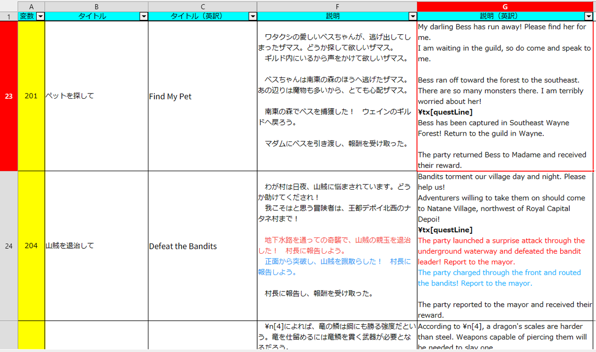 NewRPGProject's tweet photo. クエストの説明文について、原文にある口語（一人称）と文語（三人称）の切り替わりが英語だと分かりづらいことに気づきました。
ここは素直に横線を引いて区切ろうと思います。 https://t.co/s9qPWmvAtp