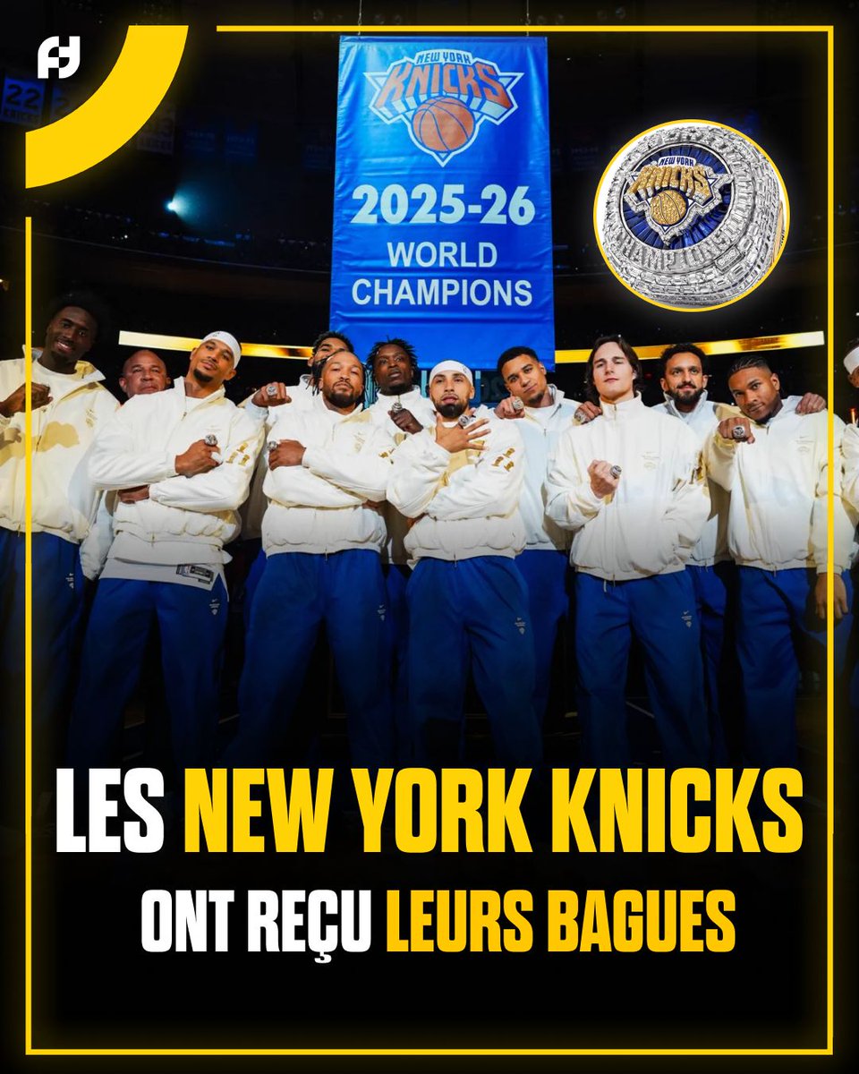 FirstTeam101's tweet photo. LES NEW YORK KNICKS ACCROCHENT LEUR BANNIÈRE 🔥 

Hier soir au Madison Square Garden, les joueurs des Knicks ont reçu leur bague de champion NBA, la 3ème de la franchise. 

Les Sixers ont tout de même gaché la fête avec une victoire 106 à 100 en faveur de l'équipe de Lebron James.

Vous croyez au back to back ? 👇