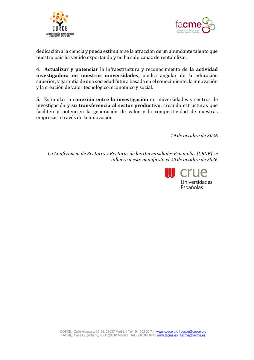 COSCEorg's tweet photo. “Por el impulso que la Ciencia y el Sistema de I+D español merecen”: @CrueUniversidad suma fuerzas con COSCE y @facme_es y se adhiere al manifiesto.

https://t.co/ihocM9qvts https://t.co/dsrVkBexMR