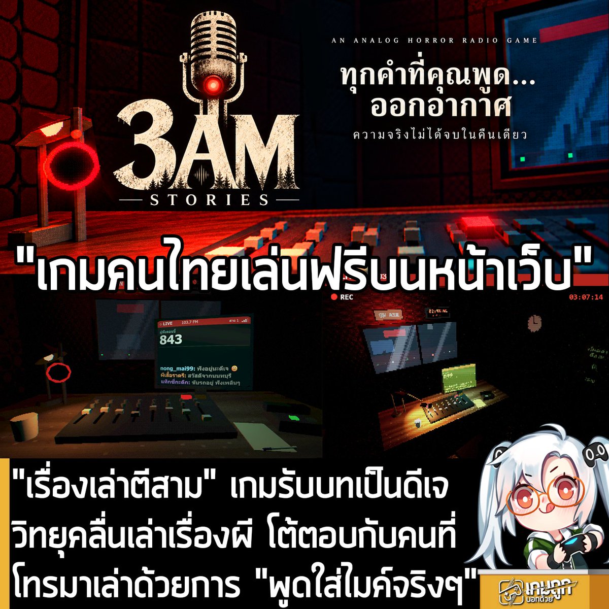 sheapgamer's tweet photo. [News] "เรื่องเล่าตีสาม" เกมรับบทเป็นดีเจวิทยุคลื่นเล่าเรื่องผี โต้ตอบกับคนที่โทรมาเล่าด้วยการ "พูดใส่ไมค์จริงๆ"
.
คุณ ป๊อป เนนิน นักพัฒนาเกมอิสระชาวไทย ประกาศเปิดตัว 3AM Stories หรือ "เรื่องเล่าตีสาม" เกมสยองขวัญแนวมุมมองบุคคลที่ 1 ที่คุณจะรับบทเป็นดีเจวิทยุคลื่นผี ที่จะต้องใช้ควบคุมด้วยเสียงของผู้เล่นเอง โดยเปิดเล่นฟรีบนเว็บเบราว์เซอร์ ไม่ต้องดาวน์โหลดหรือติดตั้งเกมใดๆ ทั้งสิน
.
เรื่องเล่าตีสาม จะให้ผู้เล่นรับบทเป็นดีเจรายการวิทยุตอนตีสามของสถานี 103.7 FM ที่นั่งจัดรายการอยู่คนเดียวในสตูดิโอ เมื่อมีผู้ฟังโทรเข้ามาเล่าเรื่องผี ผู้เล่นต้องพูดตอบกลับ ด้วยเสียงจริงผ่านไมโครโฟน ซึ่งยอดผู้ฟังและแชตสดจะตอบสนองต่อทุกคำที่พูดออกไป และแม้แต่การเงียบไม่พูดอะไร ก็มีผลกับรายการด้วย
.
ในเกมจะไม่มีปุ่มตัวเลือกบทพูดให้กดเลย ผู้เล่นต้องคิดและพูดเองทั้งหมด โดยรองรับทั้งภาษาไทยและภาษาอังกฤษ ตัวเกมใช้ภาพ 3D ความละเอียดต่ำแบบเกมยุค PS1 และเสียงโทรศัพท์แตกพร่าเพื่อสร้างบรรยากาศ แต่ละคืนจะไม่เหมือนกัน และเกมจะจดจำสิ่งที่ผู้เล่นเคยทำไว้ด้วย โดย 1 คืนใช้เวลาเล่นราว 12 นาที และเล่นซ้ำได้
.
นอกจากนี้เกมนี้จะอ้างอิงเวลาในโลกจริง กล่าวคือสถานีในเกมจะออกอากาศเฉพาะช่วง 2 ทุ่ม - 6 โมงเช้าดังนั้นจะเล่นเกมได้ในช่วงเวลานี้เท่านั้น และผู้พัฒนาแนะนำให้ใส่หูฟังเล่นในห้องมืดๆตอนกลางคืนด้วย เพื่อให้ได้อรรถรสแบบเต็มที่
.
ทางผู้พัฒนาระบุว่า ใช้ AI ช่วยเขียนโค้ด เสียงพากย์บางส่วน รวมถึงโลโก้ แบนเนอร์ และ Key Art ส่วนภาพจากเกมทั้งหมดเป็นภาพที่เรนเดอร์จากตัวเกมจริง และระหว่างเล่นจะไม่มีการใช้แชตบอต AI เพราะบทสนทนาทุกบทเขียนไว้ล่วงหน้าทั้งหมด แต่ละคืนไม่เหมือนกัน และเกมจดจำสิ่งที่คุณทำไว้ด้วย
.
ผู้ที่สนใจ สามารถเข้าไปเล่น 3AM Stories ได้ฟรีที่ https://t.co/2QXVwx2UWs