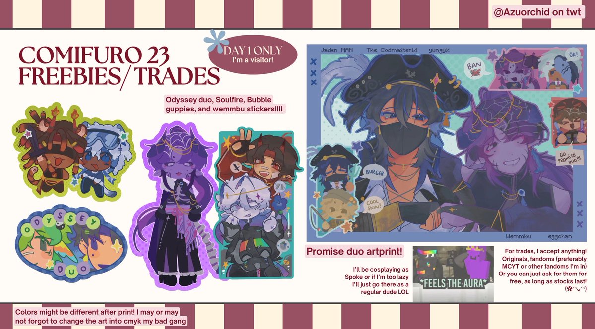 Azuorchid's tweet photo. Helloooo I’ll be coming to #cf23 day 1 as a visitor, heres my #mcyt freebie catalogue (๑˃̵ᴗ˂̵)

will be cosplaying as spoke (hopefully),, find me to get them ! ! https://t.co/2H5CPwJy63