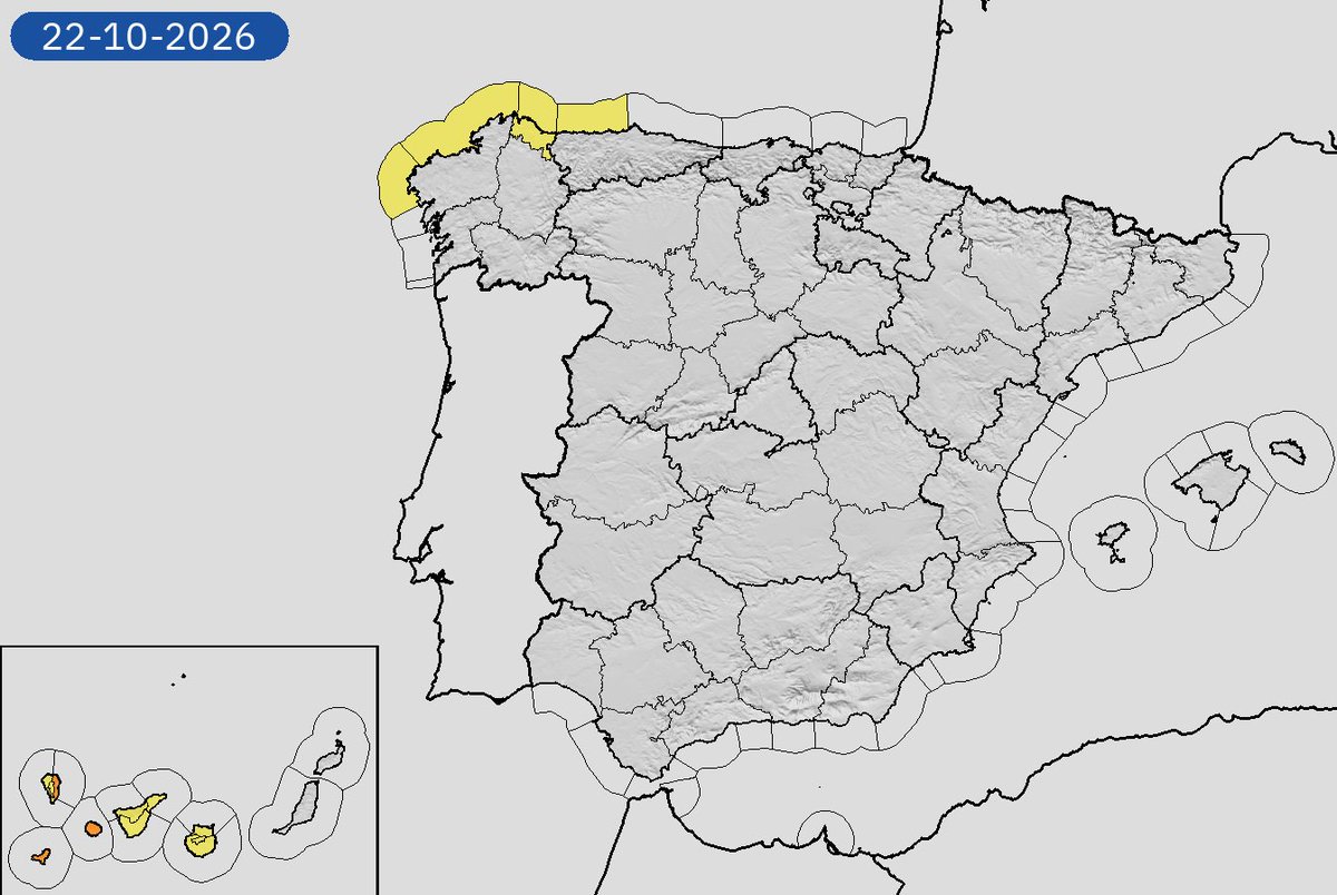 AEMET_Esp's tweet photo. 21/10 11:36 AVISOS MAÑANA | España: lluvias, vientos y costeros. Nivel máximo de aviso: naranja.
Actualizaciones en https://t.co/BLdoSsO2Qv https://t.co/ENODdz0k78