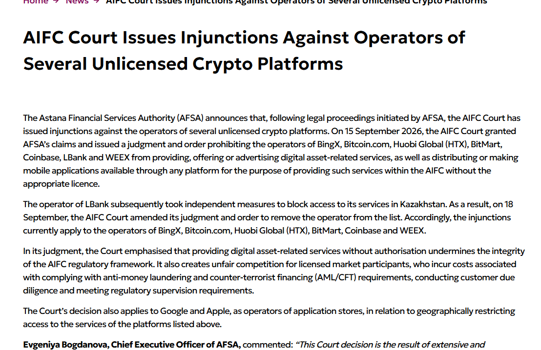 KaiVenn__'s tweet photo. Regulators found a much cleaner choke point than blocking crypto websites: the app stores.

Kazakhstan’s AIFC Court has restricted Coinbase, HTX, BingX and several other unlicensed platforms, with the order also extending to Apple and Google over app distribution.

LBank went ahead and blocked access in Kazakhstan and was removed from the order.

That’s the interesting part.

Exchanges can change domains, frontends and infrastructure. But mobile distribution still depends heavily on two gatekeepers.

Crypto may be decentralized.
Distribution definitely isn’t.
