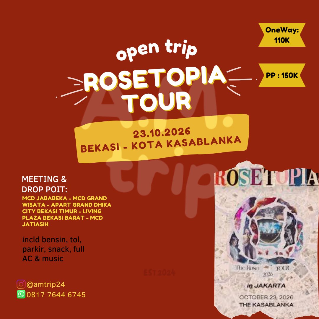 AMTrip24's tweet photo. @ckstarid Hi 👋🏻
Kita open trip konser The Rose
Bekasi - Kota Kasablanka

✔️ada group whatsapp
✔️3 slot❗️

- Bisa pilih sampai rumah (ada biaya tambahan yg bisa ditanya ke admin terlebih dahulu)

Detail &amp; Booking : 081776446745 / isi Gform https://t.co/n82aSa1iG2 https://t.co/Zuc53Gv7us