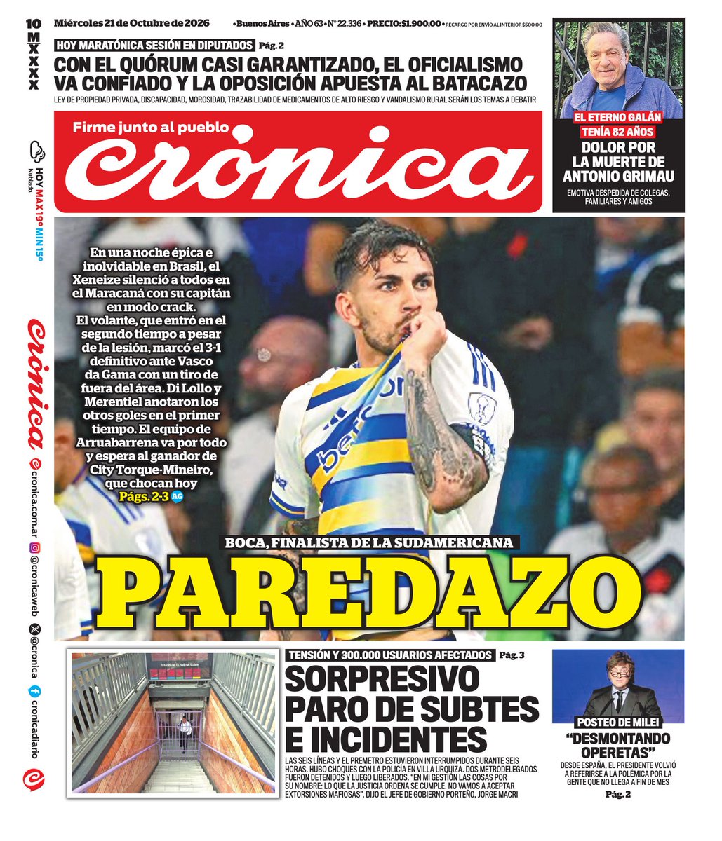 WalterVerst's tweet photo. #BuenDía y #BuenMiércoles para todos!!
A continuación, las portadas de los diarios de hoy #Miércoles 21/10/26 #21deOctubre #21oct2026 #21oct.
#Crónica
#LaPrensa
#DiarioPopular https://t.co/4kl6iCQoJd