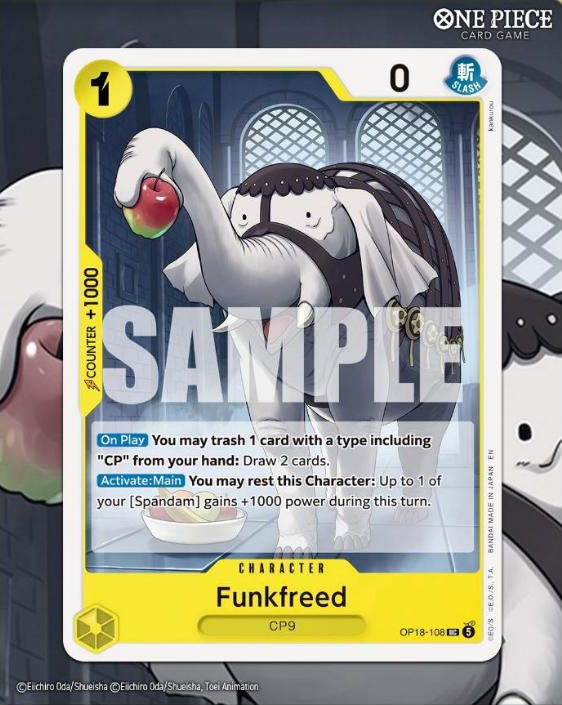 OptcgApps's tweet photo. funkfreed might be the best thing spandam has gotten so far. 1 cost, trash a cp card from hand, draw 2, and it still keeps a +1000 counter. cp9 could actually be a deck in op-18 #OP18 #OPTCG https://t.co/9kRK35xNFD