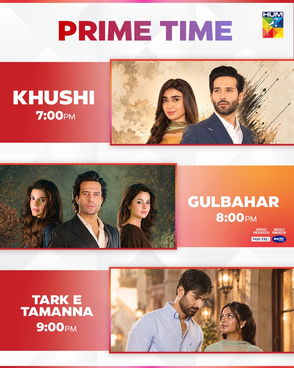 Humtvnetwork's tweet photo. Your Favorite Stories, One Perfect Wednesday Evening! 📷
From heartfelt emotions to unexpected twists, your prime time is packed with drama!
📷 #Khushi at 7:00 PM
📷 #Gulbahar at 8:00 PM
📷 #TarkETamanna at 9:00 PM
Catch Tonight's Prime Time Lineup, Only On #HUMTV! https://t.co/vJqvihYc9c