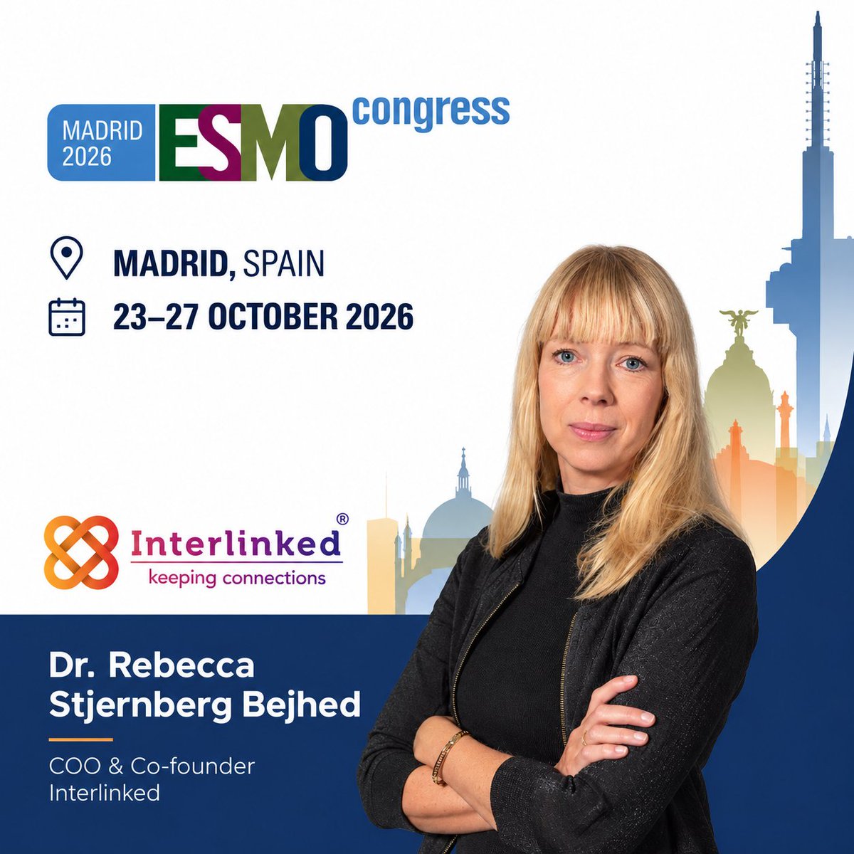 InterlinkedAB's tweet photo. Next stop: Madrid! 

Our COO and Co-founder, Dr Rebecca Stjernberg Bejhed, is attending #ESMO2026, 23–27 October.

Looking forward to discussing how to reduce hazardous drug spills from accidental IV line dislodgement and protect nurses at the bedside.

#Interlinked #NurseSafety https://t.co/UkehNwB92Y