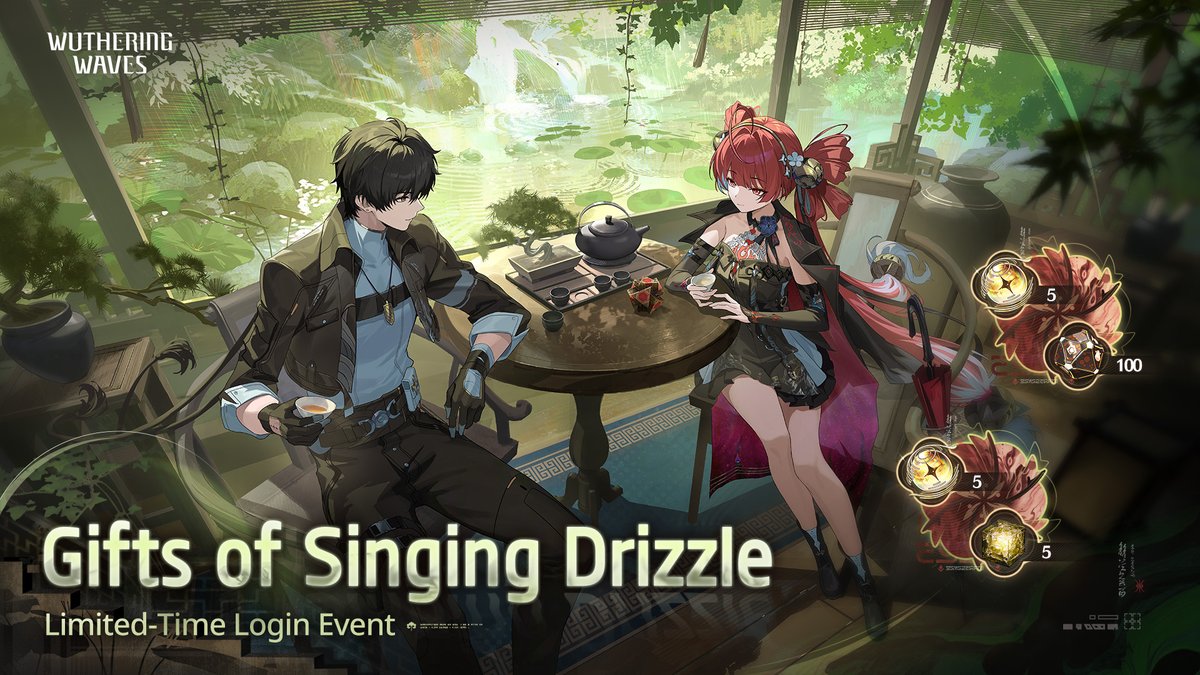 Wuthering_Waves's tweet photo. [Gifts of Singing Drizzle] Limited-Time Login Event
✦Duration✦
2026-10-22 10:00 - 2026-11-11 03:59 (server time)

✦Rewards✦
[Log in for 1 day in total]: Radiant Tide x5, Premium Tuner x100
[Log in for 3 days in total]: Radiant Tide x5, Crystal Solvent x5

✦Eligibility✦
Reach Union Level 8.

✦Details✦
- After the event starts, log in to the game daily to add one login day. Sign-in records refresh daily at 04:00 server time. Once your cumulative login days meet the requirement, the corresponding cumulative login reward will be ready to claim.
- If you have any unclaimed rewards when the event ends, you can log in within 30 days afterward to claim them in your Mail.

※We have confirmed that the quantities of certain rewards for the Limited-Time Login Event "Gifts of Singing Drizzle" were displayed inconsistently across previously released promotional materials. To address the impact of this issue, we will send you rewards (Crystal Solvent x5) via in-game mail on 2026-10-24 at 10:00 (UTC+8) to make up the difference.
We sincerely apologize for any inconvenience caused and thank you for your support and understanding.

#WutheringWaves