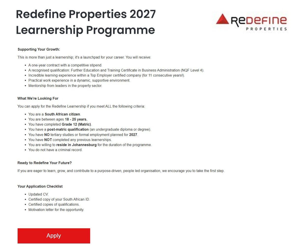 City_Ekurhuleni's tweet photo. Redefine Properties Learnership Programme 2027

Application process: https://t.co/la8tfFxWUu https://t.co/nxoT2Sivwb