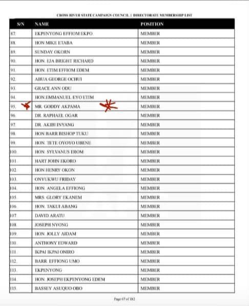 UNOFFICIALFACT's tweet photo. NDC @NigeriaNDCHQ handed over Cross River State to a card carrying member of the APC @OfficialAPCNg, who is also a serving special adviser to the current Governor,  to be her State Party Chairman. 😭😭😭😭

He is 95 on the list of the Cross River state, APC campaign council. 💔💔

GODDY AKPAMA. 

Moles planted everywhere to work against Peter Obi's presidential election.  I have been shouting since about sellouts and betrayals within NDC, just as they did with Labour party in 2023 at state levels.

NDC, do you really want to win the 2027 presidential election as a party?  From what i Pidom is seeing and unraveling, i am scared.  Enemies within.

If they deny this information, i will post one of his recent salary payslip from Cross River State government, confirming him as a special adviser under her payroll.

Tag NDC, call out her officials until they explain to us, the meaning these betrayals by her State officials. 

I have other states i will be unraveling if i have the means to go ahead. No matter their evil plans, Peter Obi must be victorious.