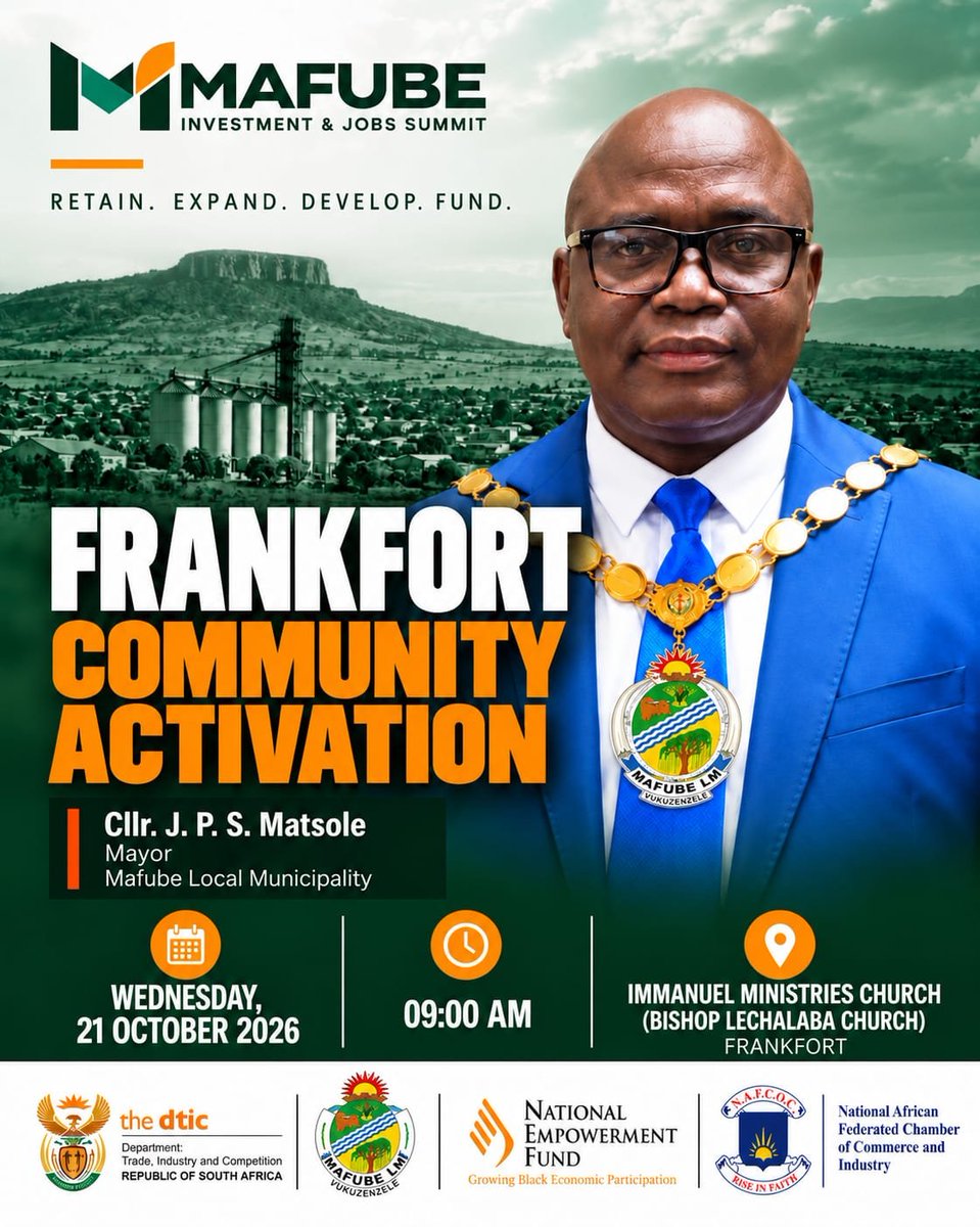 Mafube_za's tweet photo. 📢 CORNELIA, PULL THROUGH!

Join Mayor Cllr. J. P. S. Matsole for the Cornelia Community Activation.

📅 22 October | 🕒 15:00
📍 Cornelia Town Hall

Be part of the conversation shaping Mafube’s economic future!

#Mafube #Cornelia #InvestmentAndJobs

Chlorine Mayor https://t.co/9wTQiVQVNl