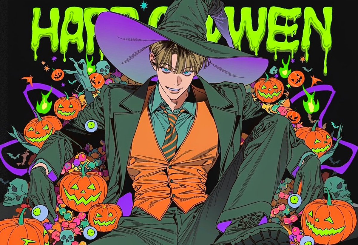 leftbypeace's tweet photo. *🦇🎃
* 자유롭게 사용해 주세요. 

Prompt

1.4::dynamic sitting pose, cowboy shot, centered character, one knee raised, leaning backward, playful smirk, looking at viewer::,  oversized black witch hat with purple lining, black gothic jacket, orange vest, striped necktie, black gloves, chunky boots, bat-shaped accessories, dangling pumpkin charms,  1.5::dense halloween decorations surrounding the character, chaotic layered composition::, grinning jack-o'-lanterns, floating cartoon ghosts, tiny bats, monster hands reaching from behind, crooked skulls, candy, spiderwebs, eyeball monsters, swirling purple ribbons, neon green ghost flames, floating pumpkin heads,  1.4::pure black background, colorful halloween typography at top, dripping slime letters::, small decorative stars, scattered halloween stickers, compact poster composition,  1.5::limited halloween color palette, neon lime green, pumpkin orange, lavender purple, coral pink, muted teal::, flat cel shading, thick clean outlines, bold black shadows, minimal gradients, retro cartoon illustration, playful spooky aesthetic, screen print style, highly detailed decorative composition