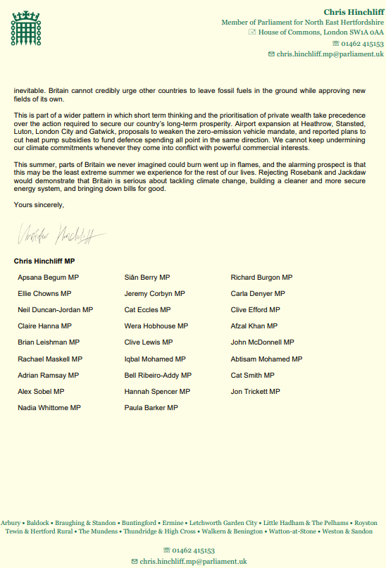 CHinchliffMP's tweet photo. I wrote to the Government with cross-party MPs last night opposing this decision.  

Rosebank and Jackdaw won’t cut bills they'll just boost profits of fossil fuel giants.  

If every country pursues its own deluded self interest the costs of climate breakdown will be unbearable. https://t.co/tE6a6RUDxz