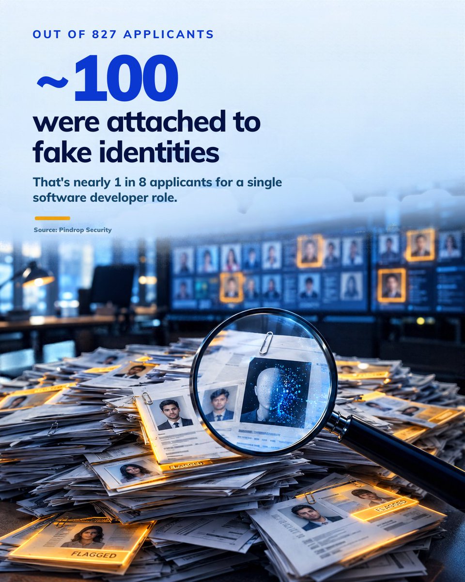 Talview's tweet photo. 1 in 4 candidate profiles could be fake by 2028. 🚩

That’s Gartner’s prediction, and the early signs are already here.

Pindrop Security posted a single software developer role. Out of 827 applicants, roughly 100 were tied to fake identities. That’s nearly 1 in 8.

Remote hiring made it easier to find great talent anywhere. It also made it easier for bad actors to show up with:
→ AI-generated resumes and photos
→ Deepfaked faces and voices on video interviews
→ Stolen or synthetic identities
The cost isn’t just a bad hire. It’s access to your systems, your data, and your customers.
The question for every hiring team is no longer “Is this the right candidate?”
It’s “Is this candidate even real?”
How is your team verifying who’s on the other side of the screen? 👇

#HiringFraud #TalentAcquisition #Recruiting #Deepfakes #HRTech #RemoteHiring #CyberSecurity