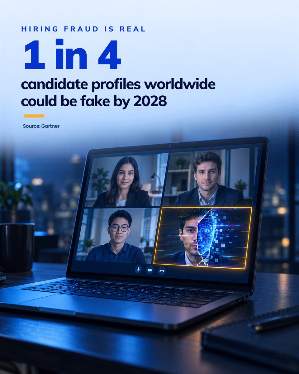 Talview's tweet photo. 1 in 4 candidate profiles could be fake by 2028. 🚩

That’s Gartner’s prediction, and the early signs are already here.

Pindrop Security posted a single software developer role. Out of 827 applicants, roughly 100 were tied to fake identities. That’s nearly 1 in 8.

Remote hiring made it easier to find great talent anywhere. It also made it easier for bad actors to show up with:
→ AI-generated resumes and photos
→ Deepfaked faces and voices on video interviews
→ Stolen or synthetic identities
The cost isn’t just a bad hire. It’s access to your systems, your data, and your customers.
The question for every hiring team is no longer “Is this the right candidate?”
It’s “Is this candidate even real?”
How is your team verifying who’s on the other side of the screen? 👇

#HiringFraud #TalentAcquisition #Recruiting #Deepfakes #HRTech #RemoteHiring #CyberSecurity