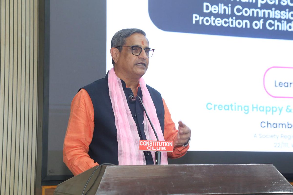 DCPCR's tweet photo. Hon’ble Chairperson DCPCR, @OPVyas12 , addressed the 7th Annual PoSH Conclave, “PoSH Samagam,” organised by Pink &amp; Blue Symbiotic Living and the Chamber of Professionals (CoP) at the Constitution Club of India.

@CMODelhi 
@gupta_rekha https://t.co/0S9q5DtLbG