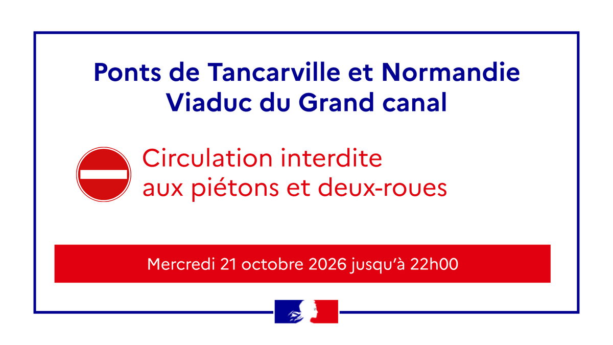 Prefet76's tweet photo. 💨 Tempête Austen

⚠️ En raison des conditions météorologiques et des rafales de vents attendues ce mercredi 21 octobre 2026: les ponts de Tancarville et Normandie et le viaduc du Grand canal sont fermés à la circulation des piétons et deux-roues, toute la journée de mercredi jusqu’à 22h00.

#SoyezPrudents