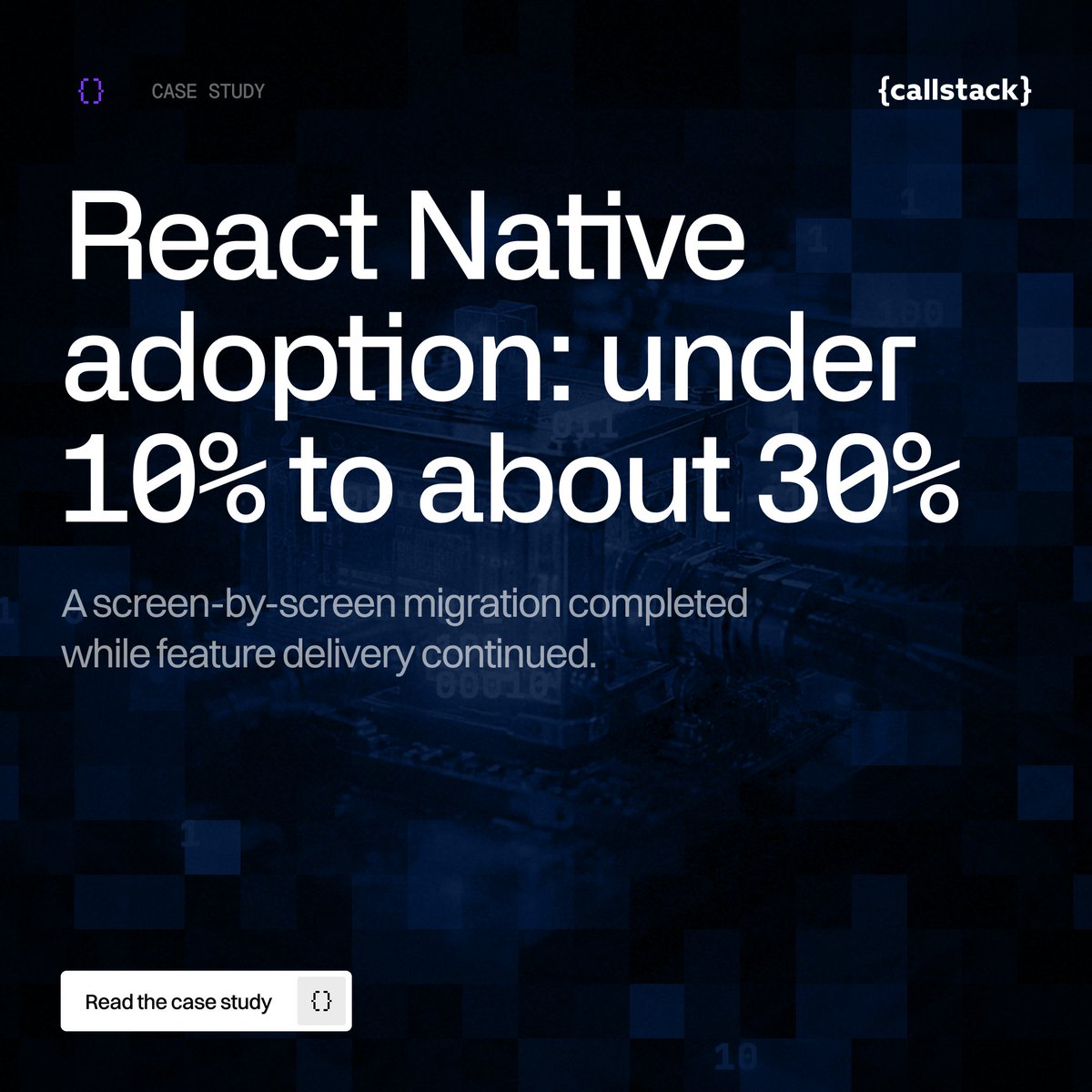 callstackio's tweet photo. An enterprise team we worked with moved React Native adoption from <10% to about 30% while feature delivery continued. The model: migrate screen by screen, keep stable native flows in production, package React Native as native artifacts. Read case study: https://t.co/SGg7X6093R https://t.co/POOQHxW4VX