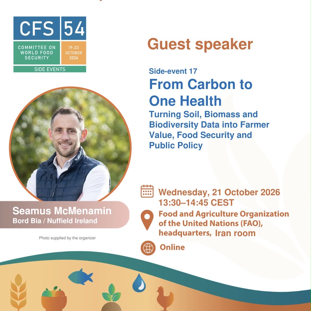 NuffieldIreland's tweet photo. Seamus McMenamin is speaking today at a FAO Committee on World Food Security side event about turning soil and biodiversity data into value for farmers. 

Hear his research on the future of Irish sheep farming at #FarmingTheFuture on 6 Nov.

🎟️ https://t.co/npupLX0Po4 https://t.co/CwNVQfysEj