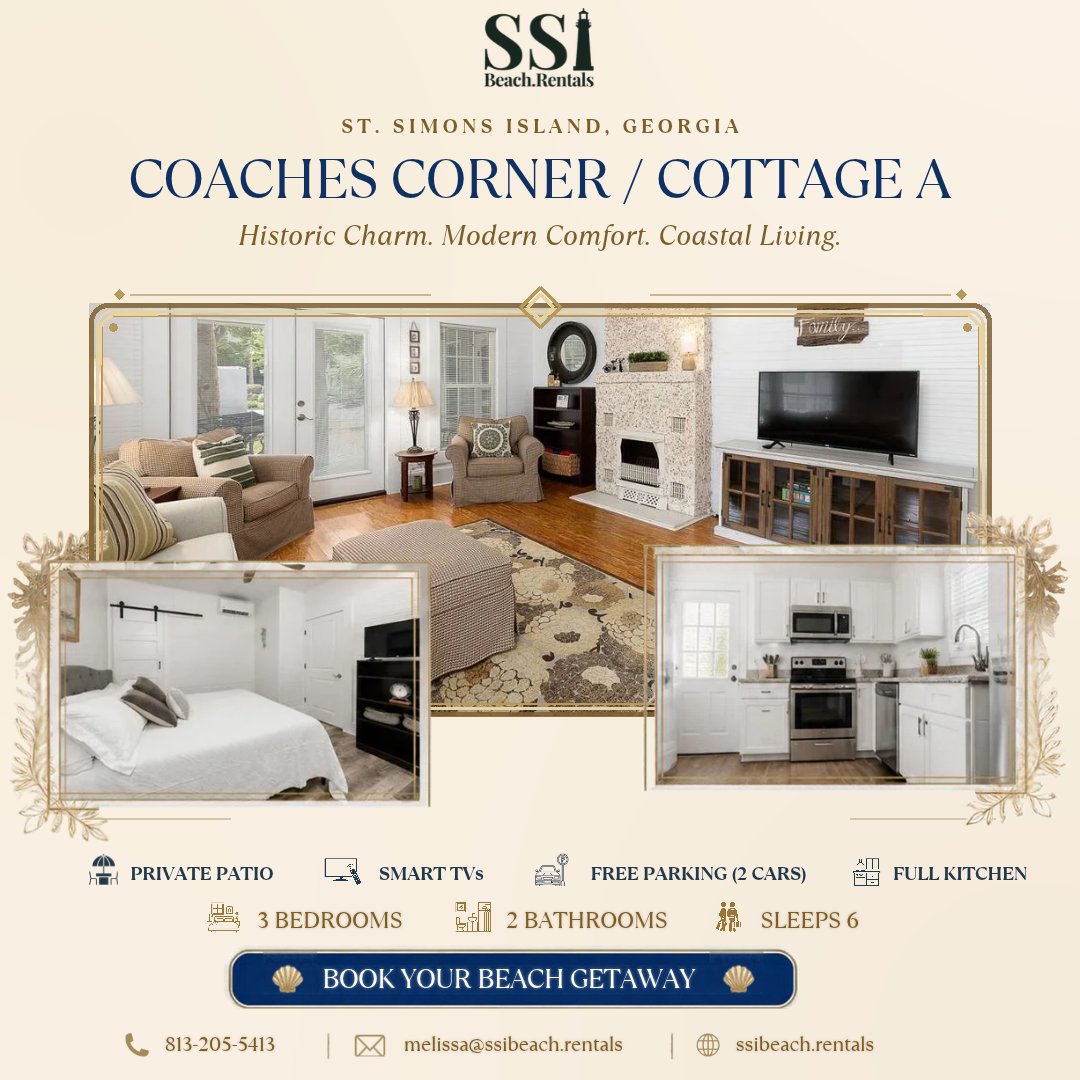 ssibeachrentals's tweet photo. Coaches Corner/Cottage A
St. Simons Island charm + modern comfort!

3BR | 2BA | Sleeps 6
Private patio, Smart TVs, full kitchen &amp; free parking.

💰 Save up to 18% when you book direct!

📩 melissa@ssibeach.rentals
🌐 https://t.co/YnpFMgP1wF
📞 813-205-5413

#SSIBeachRentals #StSi https://t.co/WVVUmJsSbh