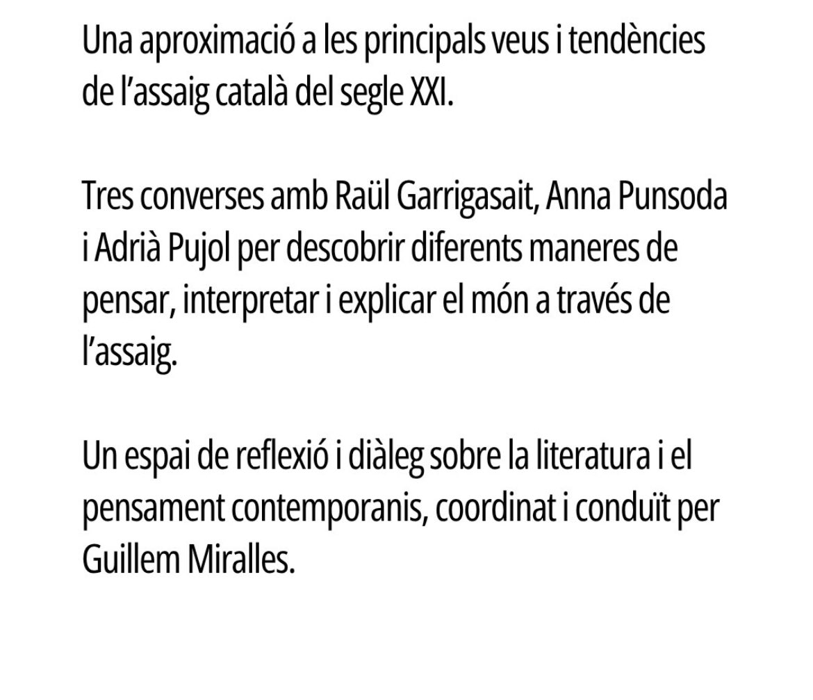Paperdevidre's tweet photo. Cicle “Una panoràmica de la nova assagística catalana del segle XXI’

📌 Amb @PunsodaRicart @rgsait @AdriPujol i conducció de Guillem Miralles

A @aa_jjmm de Terrassa, març i abril de 2027

🔗 Més info i inscripcions 👉🏼 https://t.co/LshHiTrBaZ https://t.co/KZ9nJtheyD
