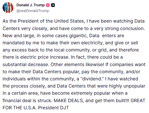 GuntherEagleman's tweet photo. 🚨 HUGE: President Trump says the new giant AI data centers have to MAKE THEIR OWN POWER and sell the extra back to the local grid.

That means your electric bill doesn't go up because Big Tech moved in next door.

Trump says it could even bring prices DOWN.

And he has a message for the companies: if you want the community on board, pay them a "dividend."

Build here. Pay your own way. Share the wealth with the people who live there.

That's America First.