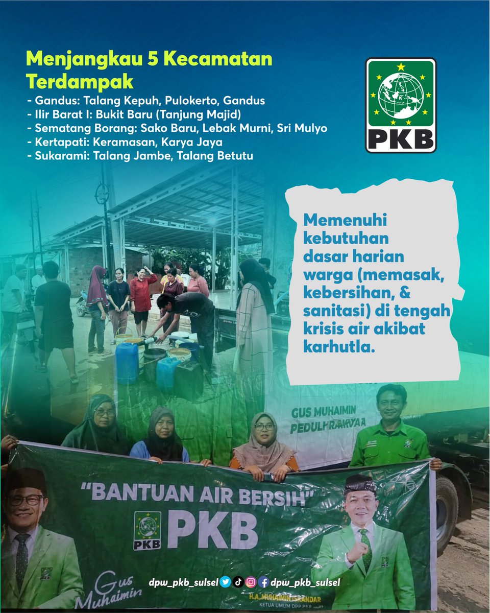 dpwpkbsulsel's tweet photo. Penyaluran 80.000 Liter Air Bersih Gus Muhaimin @cakiminow dan PKB Ringankan Beban Warga Palembang Terdampak Karhutla
Sebagai wujud kepedulian nyata di tengah bencana kebakaran hutan dan lahan (karhutla) serta kabut asap yang melanda Kota Palembang. https://t.co/HTNrRDfEsc