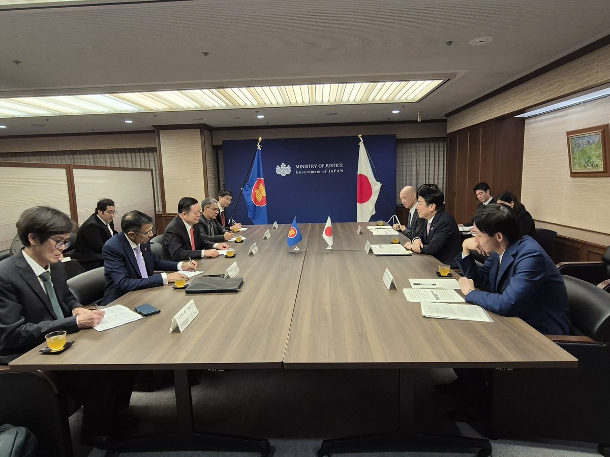 ASEAN's tweet photo. Secretary-General of ASEAN, Dr. Kao Kim Hourn, today met with the Minister of Justice of Japan, H.E. Yamashita Takashi, in Tokyo, Japan. Both sides exchange views on strengthening ASEAN-Japan cooperation in the field of law and justice, including through the implementation of the ASEAN-Japan Work Plan on Law and Justice, and on supporting for the implementation of the ASEAN 2045: Our Shared Future.